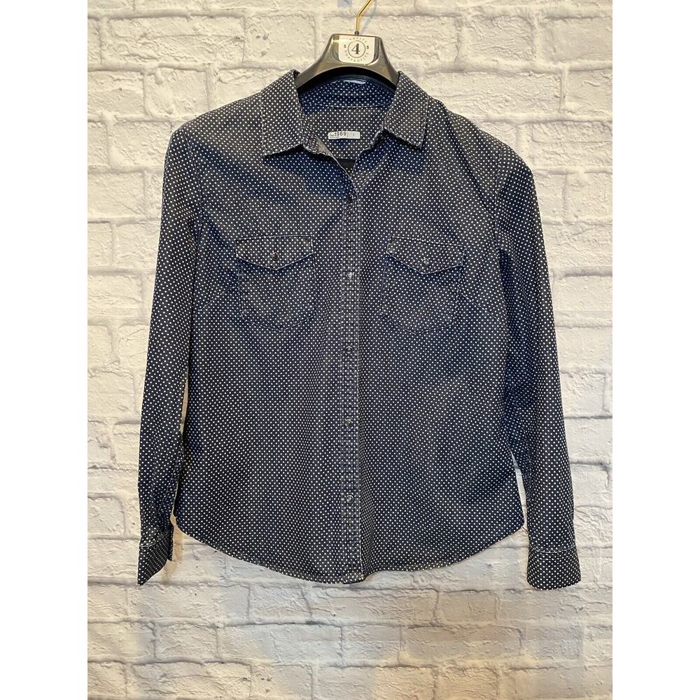 GAP 1969 Shirt Blue Denim Western collared polka Dot Snap Long Sleeve Large A589